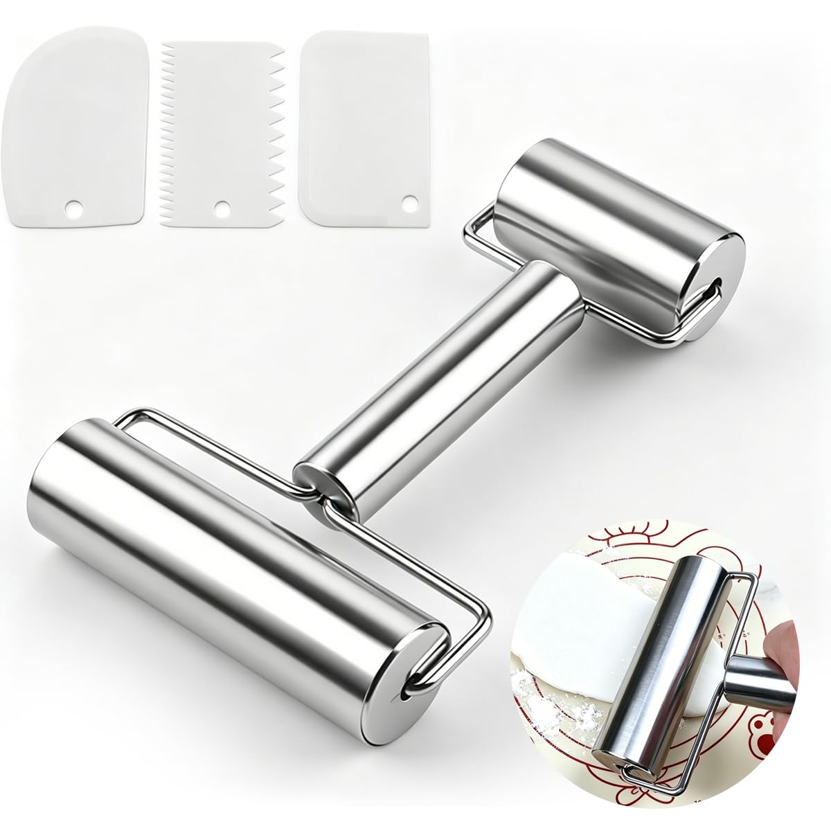 Rolling Pin Set Stainless Steel Double Head Dough Roller with Scrapers