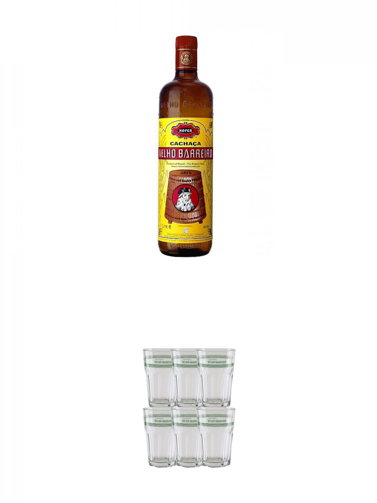 Velho Barreiro Silver Cachaca Originalabfüllung 1,0 Liter + Velho Barreiro Caipirinha Glas 6 Stück