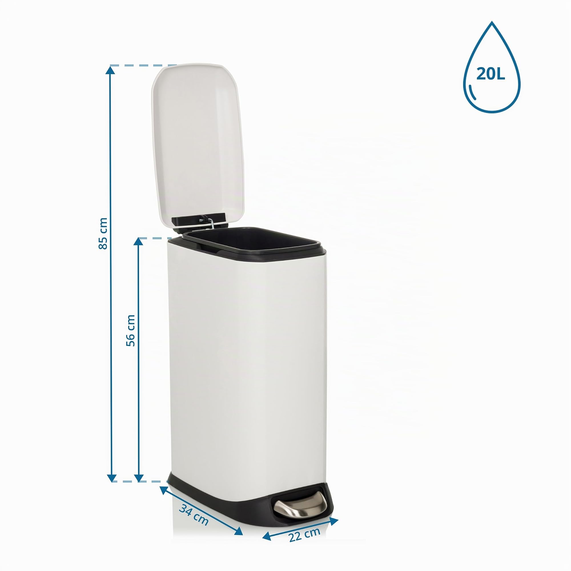 hjh OFFICE Cubo de basura 20L, cubo de pedal con tapa, cierre suave CLEAN SLIM cubo de basura de acero estrecho con cubo interior, blanco, 56x34x22cm