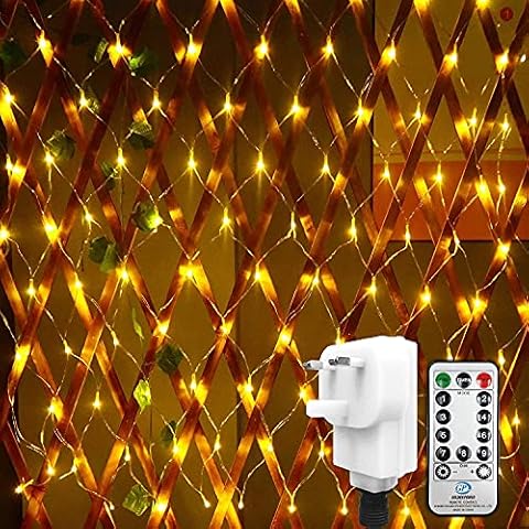 DBFAIRY 100LED Christmas Net Light,1.5X1.5M Net Mesh Fairy Lights Mains Powered Warm White Timer Fairy String Net Light Outdoor Waterproof with Remote,Interior Home,Hedge,Bush,Fence,Window Decor Cover