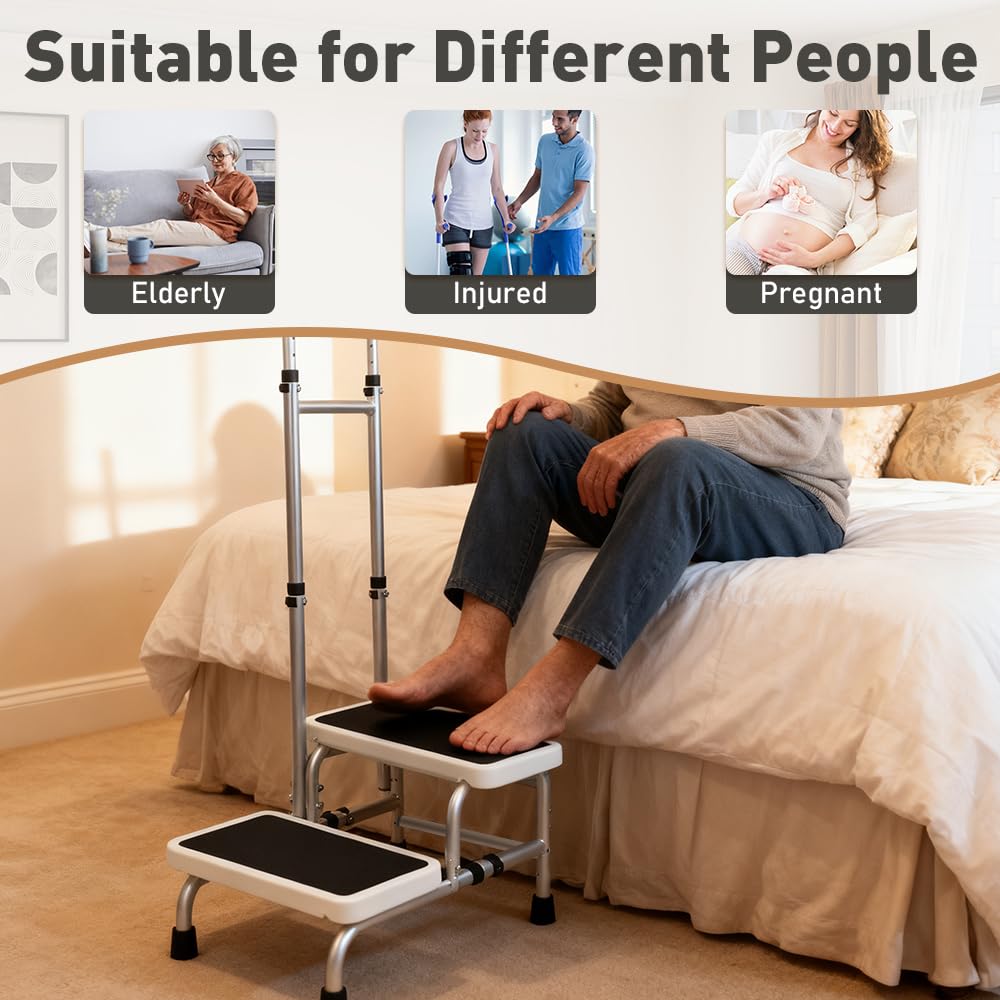 2-stufiger Hocker mit 5-fach höhenverstellbarem Handlauf für ältere Erwachsene – Aluminiumrahmen Tritthocker mit weichen Schaumstoffgriffen, rutschfeste Doppelstufen – Bett, Badewanne, Küche