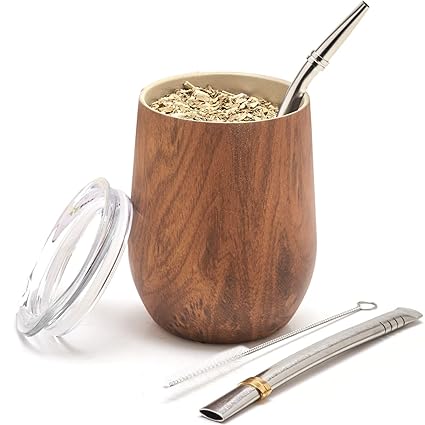 balibetov Modern Mate Cup and Bombilla Set (Yerba Mate Cup) -Yerba Mate Set Includes Double Walled 18/8 Stainless Steel Mate Tea Cup, Two Bombilla Mate (Straw) and a Cleaning Brush (Wood, 235 ml)