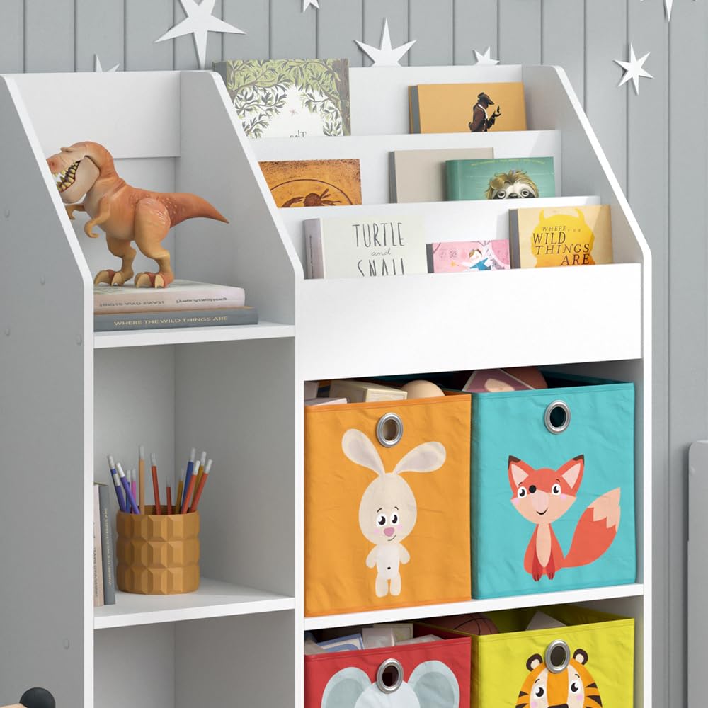 Vicco Bibliothèque Enfant Luigi, Blanc, 100.4x114.2cm avec 4 boîtes Pliantes (Multicolores), combinable pour Le Rangement des Jouets et des Livres