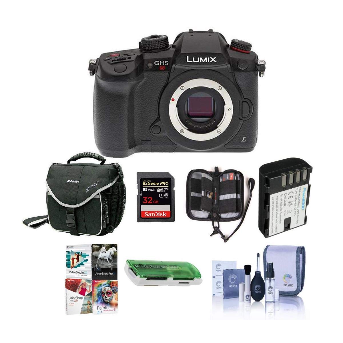 Panasonic Lumix DC-GH5s Mirrorless Camera - Bundle with 32GB SDHC U3 Card, Spare Battery, Camera Case, Cleaning Kit, Memory Wallet, Card Reader, Software Package