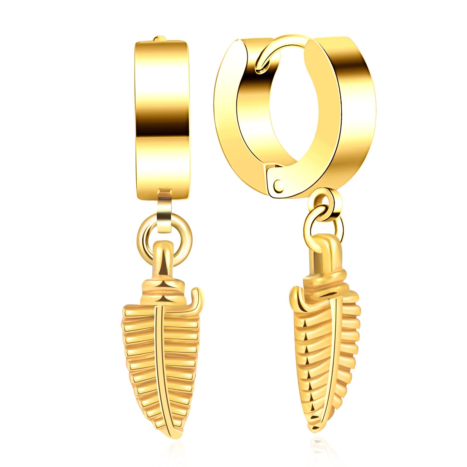 Feilok Pendientes de perno colgantes de plumas pendientes de acero inoxidable para hombres y mujeres de oro