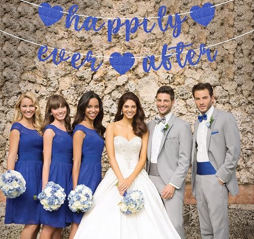 Image of Pre-Strung Happily Ever After Banner - Royal Blue Glitter Bachelorette Bridal Engagement Party Decoration Supplies, Bachelorette Wedding Party Banner for Engagement, Bridal Shower, Wedding Party Photo Booth Props