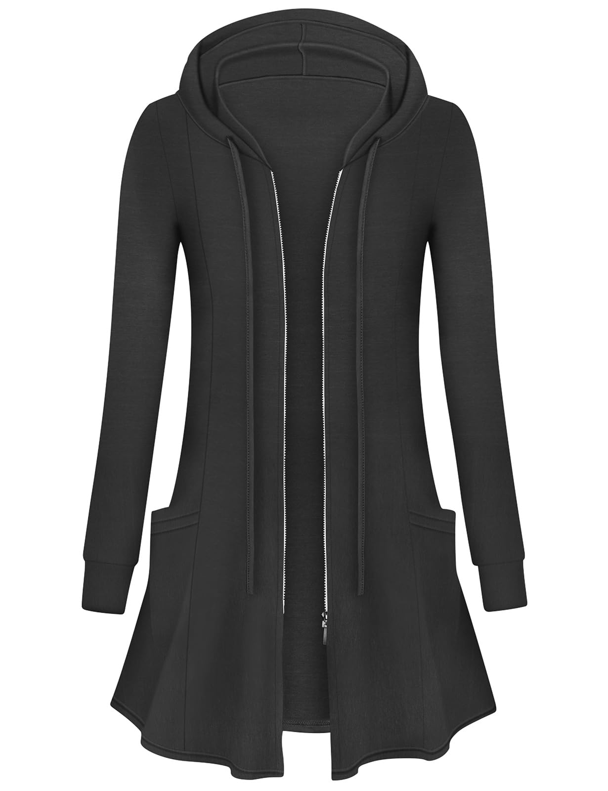 FlikityWomens Longline Hoodies Zipper up Knee Length Cardigan with Large Pockets Long Sleeve Tunics Casual Work Clothes Ladies Lightweight Jackets M-2XL
