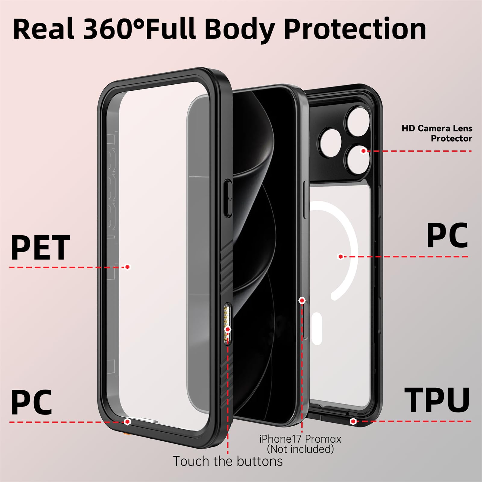 Funda impermeable para iPhone 17, compatible con MagSafe IP68, totalmente sellada bajo el agua, cuerpo completo, resistente, a prueba de golpes, funda protectora transparente, color negro