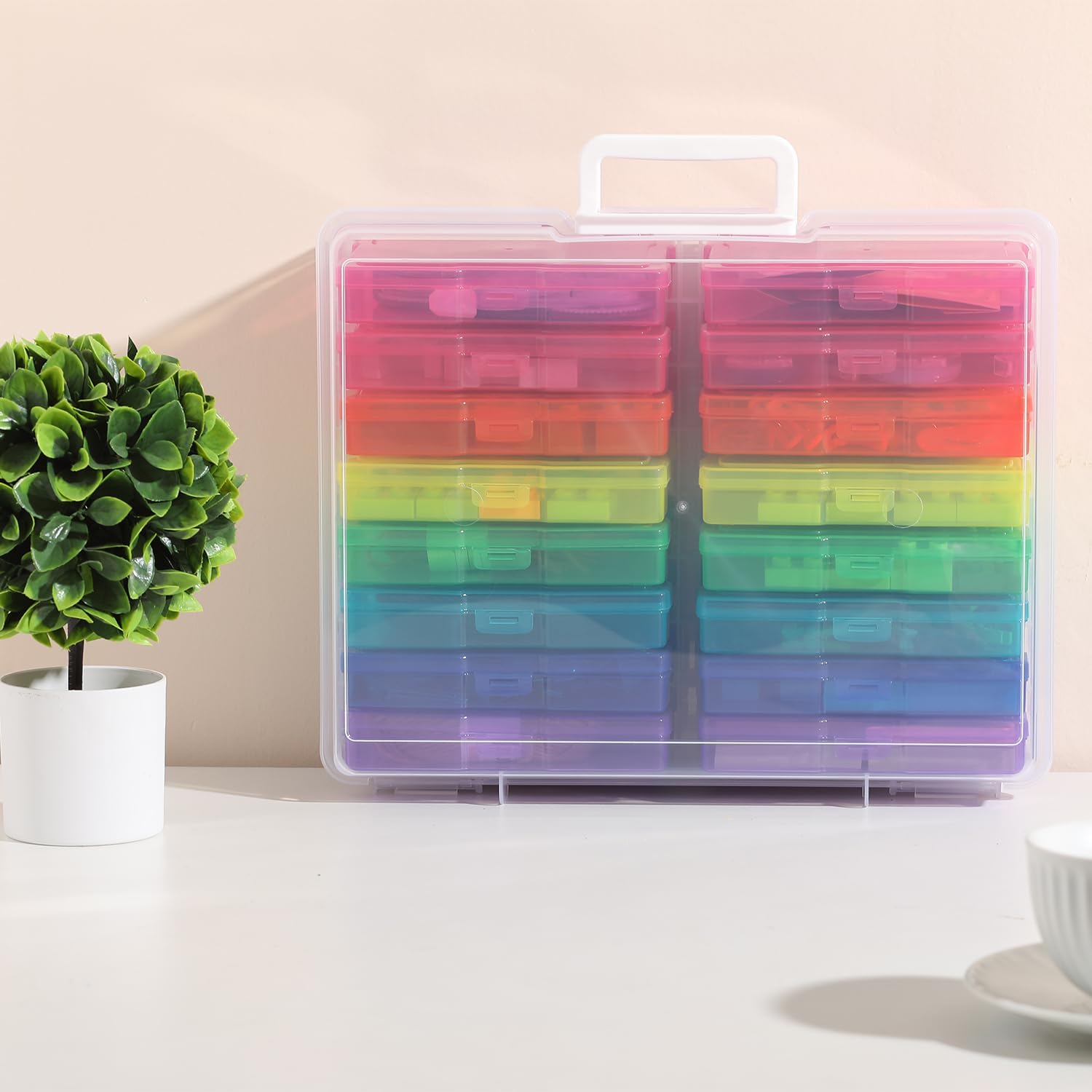 PCA Photo Storage Box 4" x 6" Cases With Handle - 16 Inner Keeper, Large Organizer, Plastic Craft Case for Stickers, Stamps, Jigsaw, Vegetable Seeds