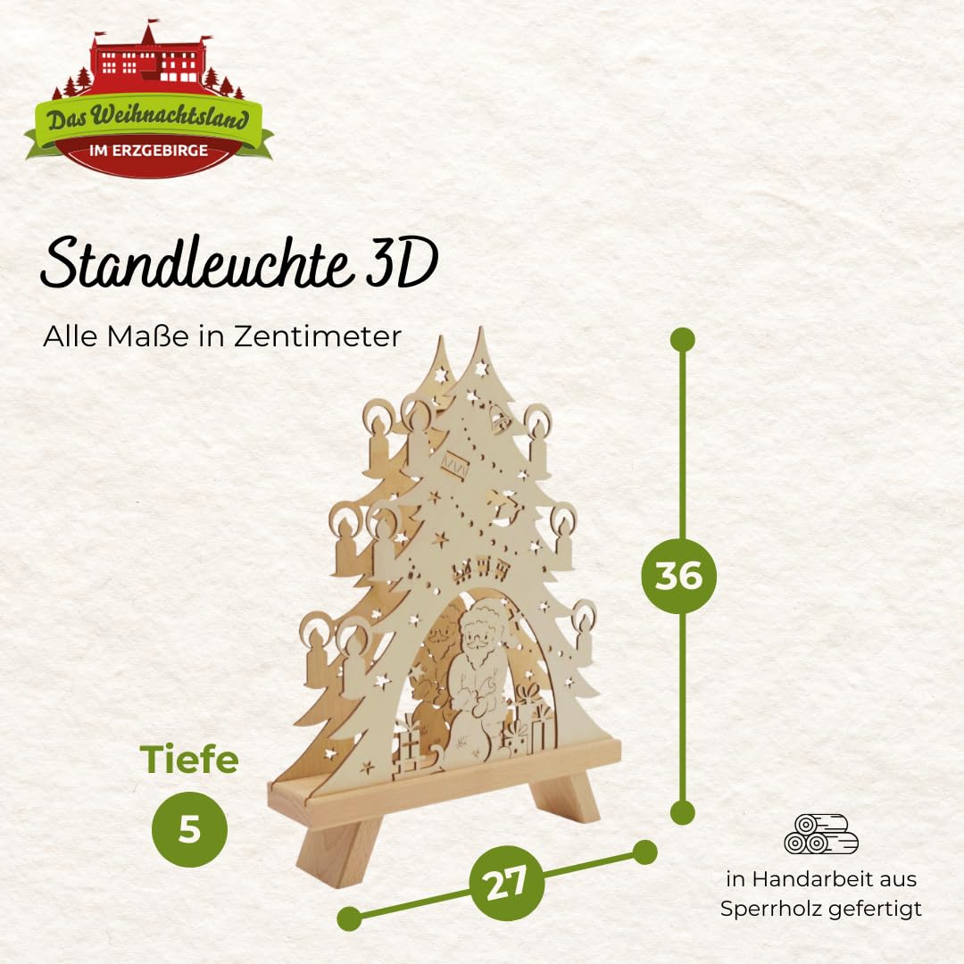 Standleuchte 3D – Weihnachtsdeko – Bescherung | 36 x 27 x 5 – Holz-Deko für Weihnachten – Fensterbeleuchtung – Original Erzgebirge – leuchtende Fensterdekoration