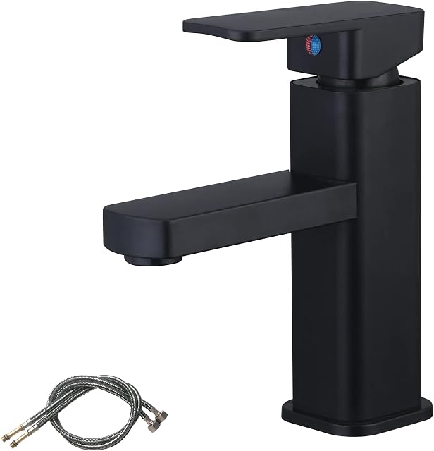 Basin Mixer Taps Matte Black Single Lever Bathroom Basin Tap with 80CM UK Standard Hoses Hot and Cold Water Countertop Basin Mixer