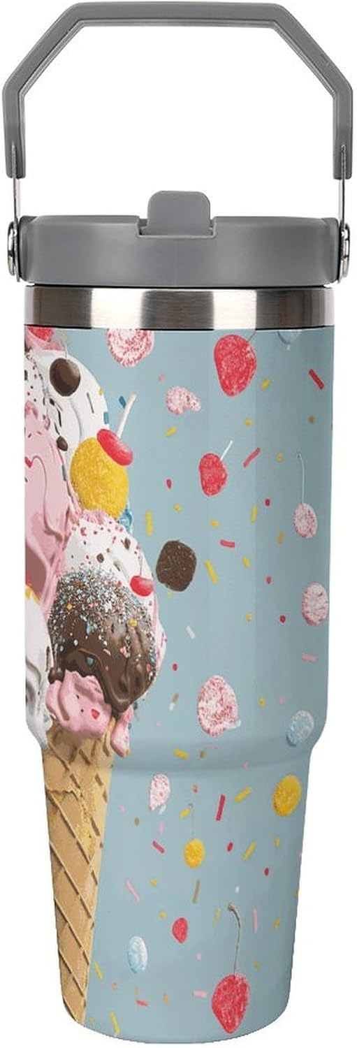 30oz Insulated Tumblers with Top Handle, Stainless Steel Sweet Ice Cream Car Cup with Straw for Gift, Leak-Proof Double Wall Vacuum Travel Mug, Personalized Water Bottles White
