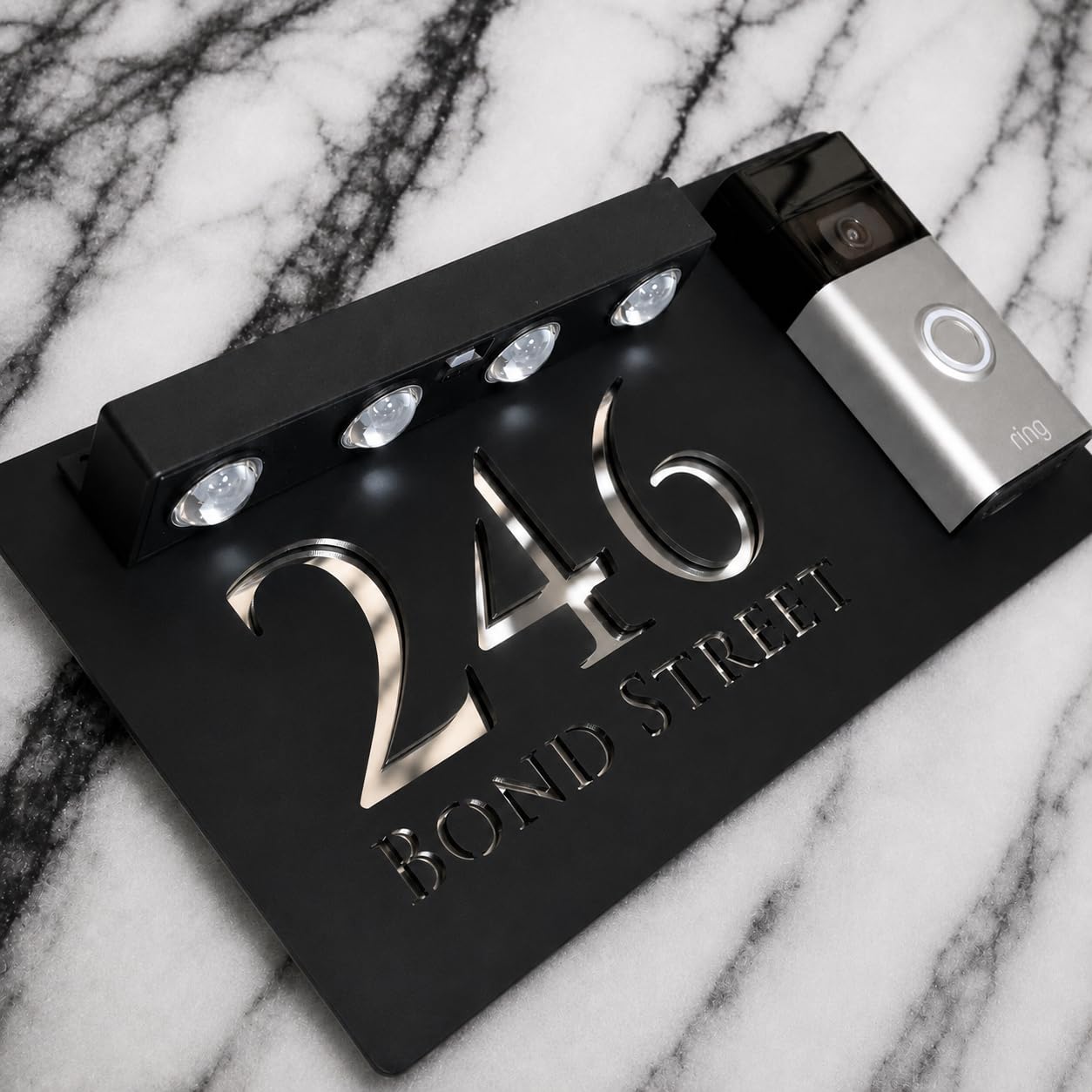 K Smart Sign | Bellissima LED DOORBELL F32 | Classic Personalised House Doorbell Solar LED Signs 3d Door Numbers Street Address Number Plaques | 300mm x 160mm (Matt Black & Silver Mirror)
