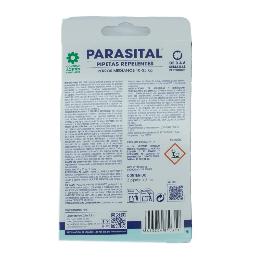 Zotal PARASITAL® Pack Collar Antiparasitario Perros Medianos y Pequeños + Pipeta Perros medianos 10-25 kg | Pack contra los parásitos externos en Mascotas | Ingredientes Activos Naturales | Marca