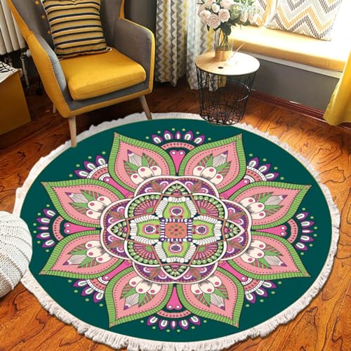 GDJSMIN Tapete redondo boémio - flores de estilo étnico linho de algodão de imitação tapete lavável para entrada tapete para entrada tapete para cesta pendente, tapete de casa de banho para sofá com