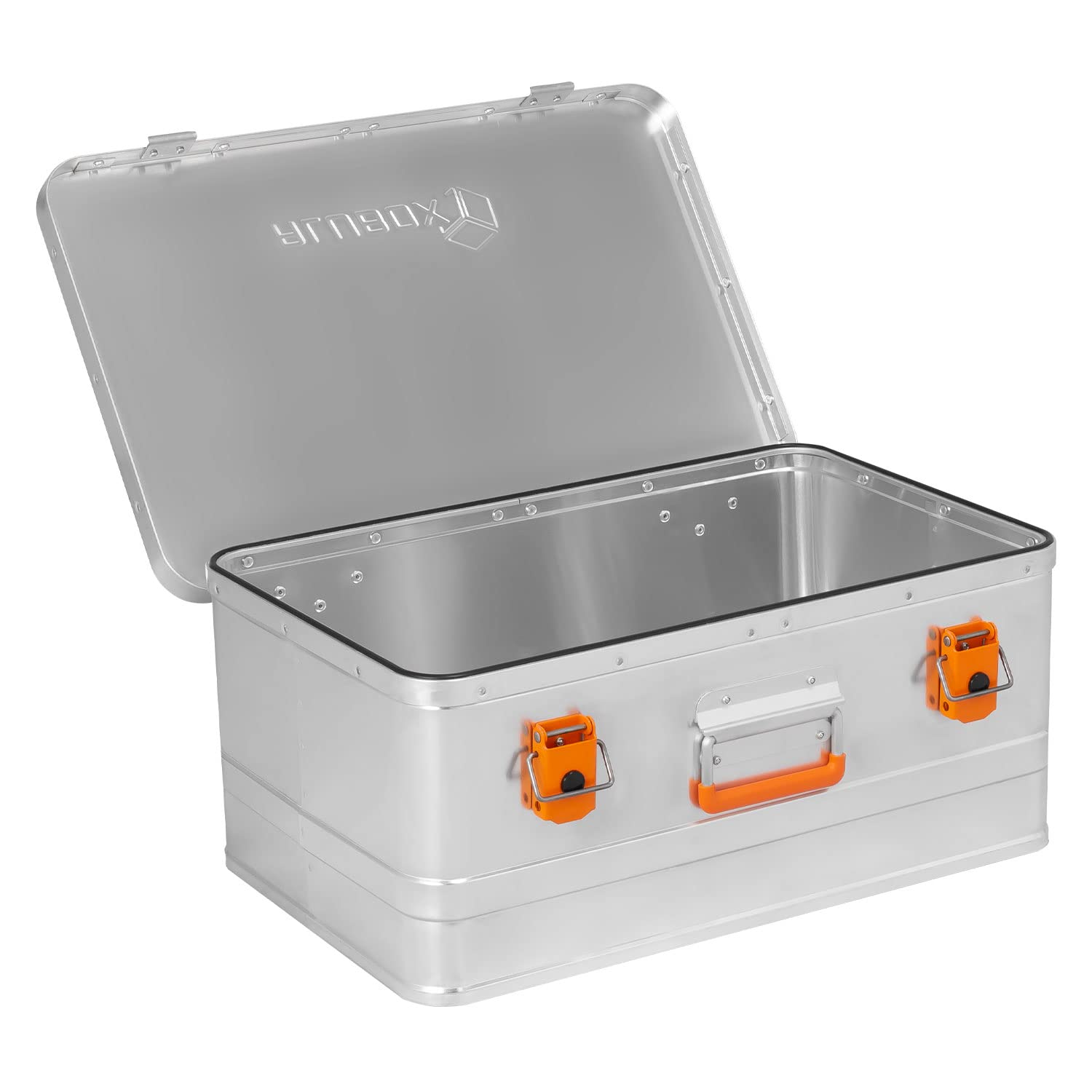 Alubox Werkzeugtruhe Werkzeugkoffer EASY 40 Liter silber Alu glänzend - orange Schnallen - Frontgriff - Außenmaße L 56 x B 37,5 x H 24 cm