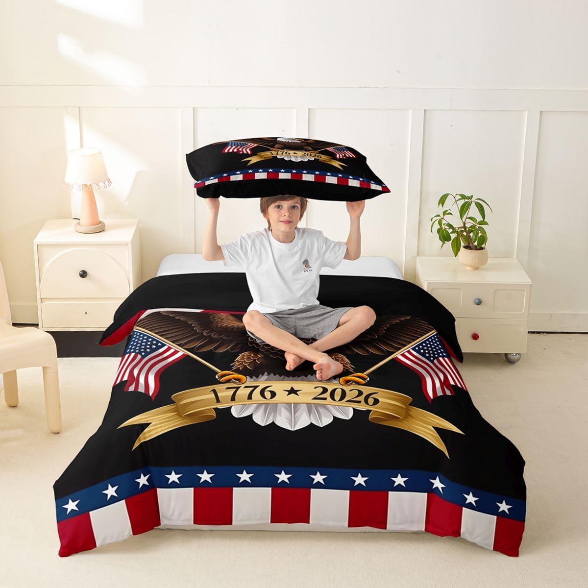 Erosebridal American Flag Toddler Duvet Cover 4th of July Comforter Cover for Kids Teens Eagle Patriotic Independence Memorial Day Microfiber Bedding Set Brown Blue Red Striped Bed Set with Zipper