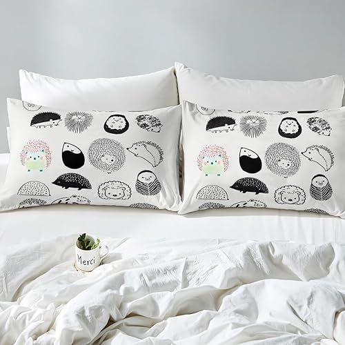 Miniatura 5 de Erosebridal Juego de funda de edredón Kawaii tamaño Queen, diseño de erizo de dibujos animados en blanco y negro, regalo de erizo para niñas y