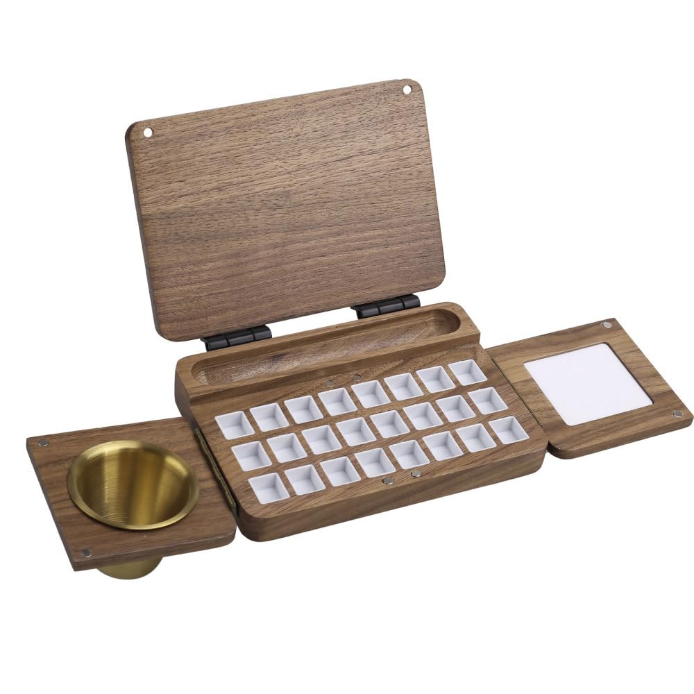 Wood Watercolor Palette, 24 Grids Portable Palette Box Walnut Paint Tray for Travel Daily Acrylic Paint, Watercolor, Gouache