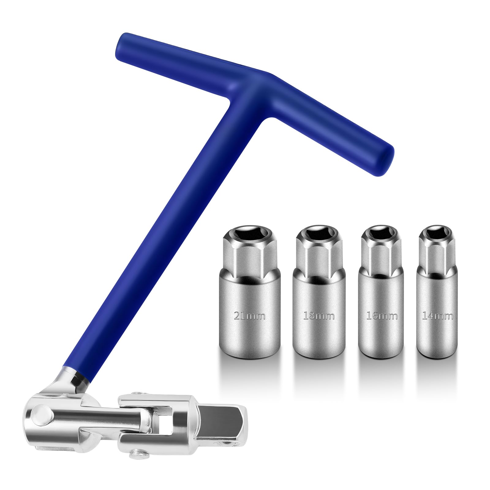 SZHUGEKI Zündkerzenschlüssel Set, 5-teilig Universal Zündkerzenschlüssel, 14/16/18/21mm, T-Griff Zündkerzen Steckschlüssel für Auto und Motorradfür(Blau) (Blau)