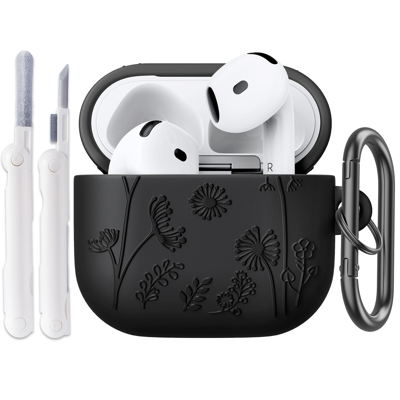 Compatible with Airpods 4 Case, 3D Floral Embossed Soft Silicone Shockproof Protective Airpod 4th Generation Cases Cover with Keychain for Women (Black)
