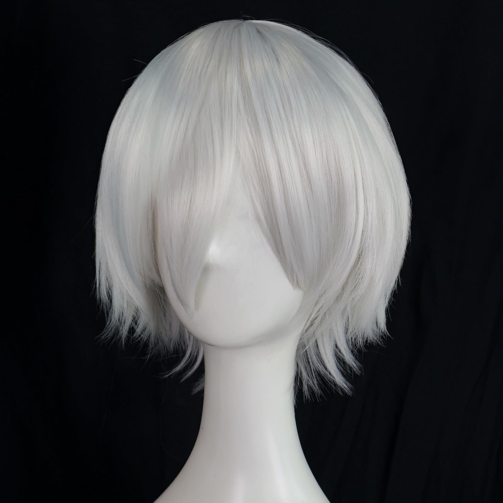 BEKIDER+1 Hair Cap Short White Wig for Men White Wavy Wig with Bangs for Halloween Christmas Event Costume Party - Image 3