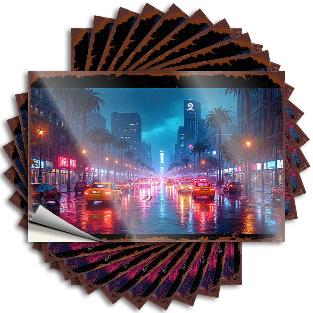 Saying Reading Front Porch Decor Farmhouse Wall Rainy Night in Neon-lit Cityscape - No Residue Decals for Taupe(6X9CM)