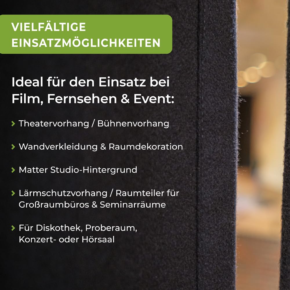 B1 Bühnenmolton konfektioniert – Molton-Vorhang Greenline, blickdichter Verdunkelungsvorhang mit 16er Ösen, ideal für Film, Foto, Theater & Event – 3 x 3 m, 320g/m2, Schwarz