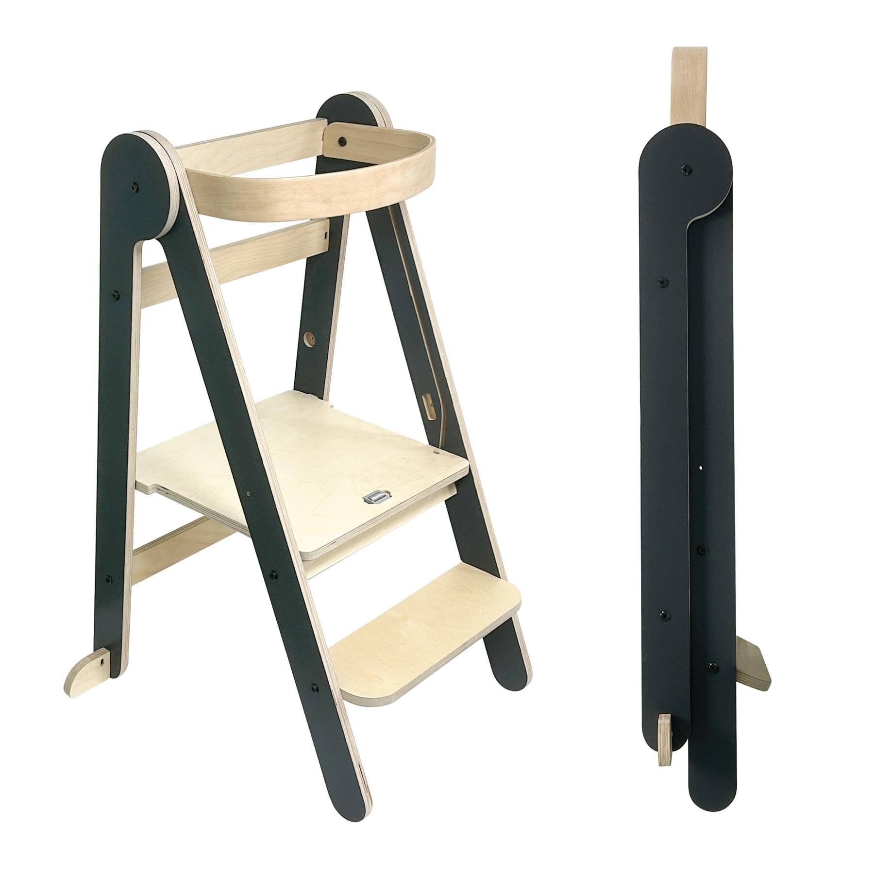 Mamatoyz Grey Folding Learning Tower Natural Beech Wood Montessori Step Stool – Dark /Natural