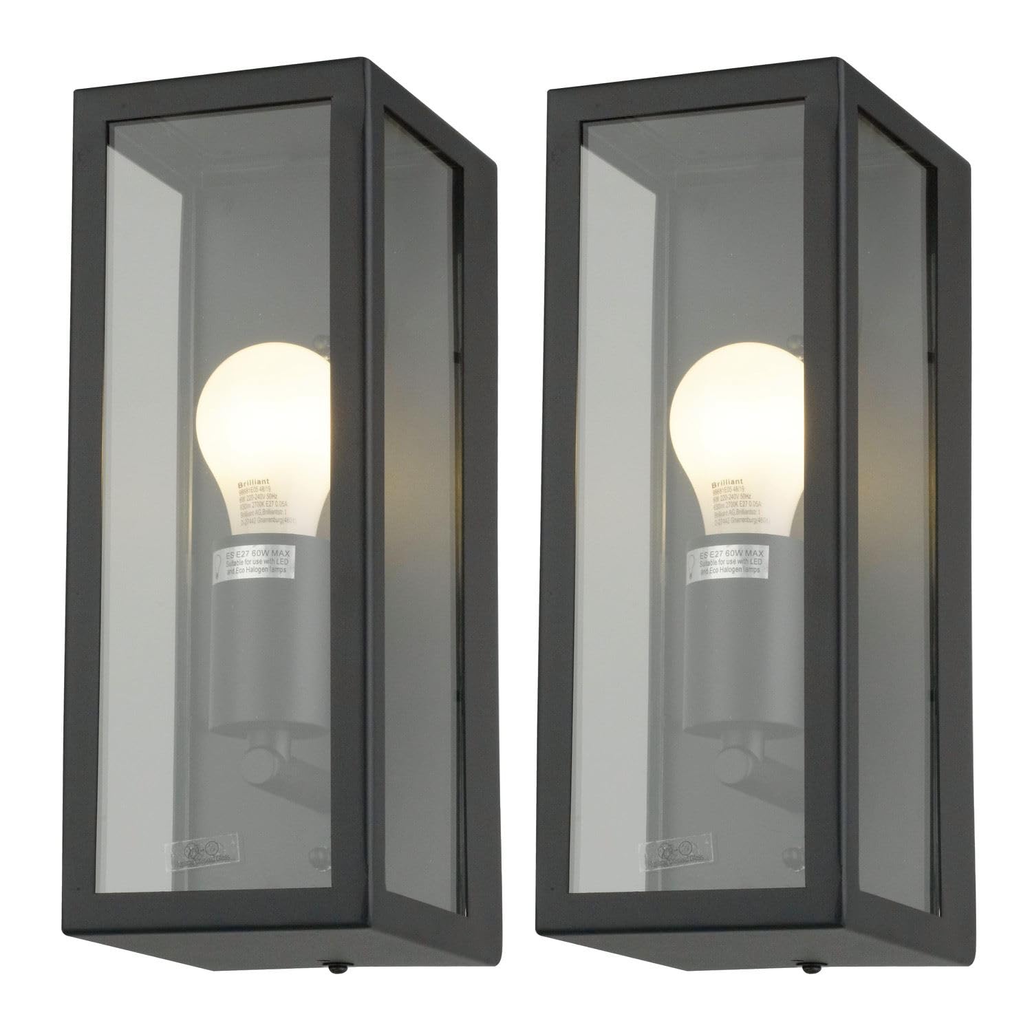 Firstchoicelighting Black & Clear Set Of 2 Black Outdoor Wall Lanterns Modern Porch Lights Ip44 Rated Led Compatible