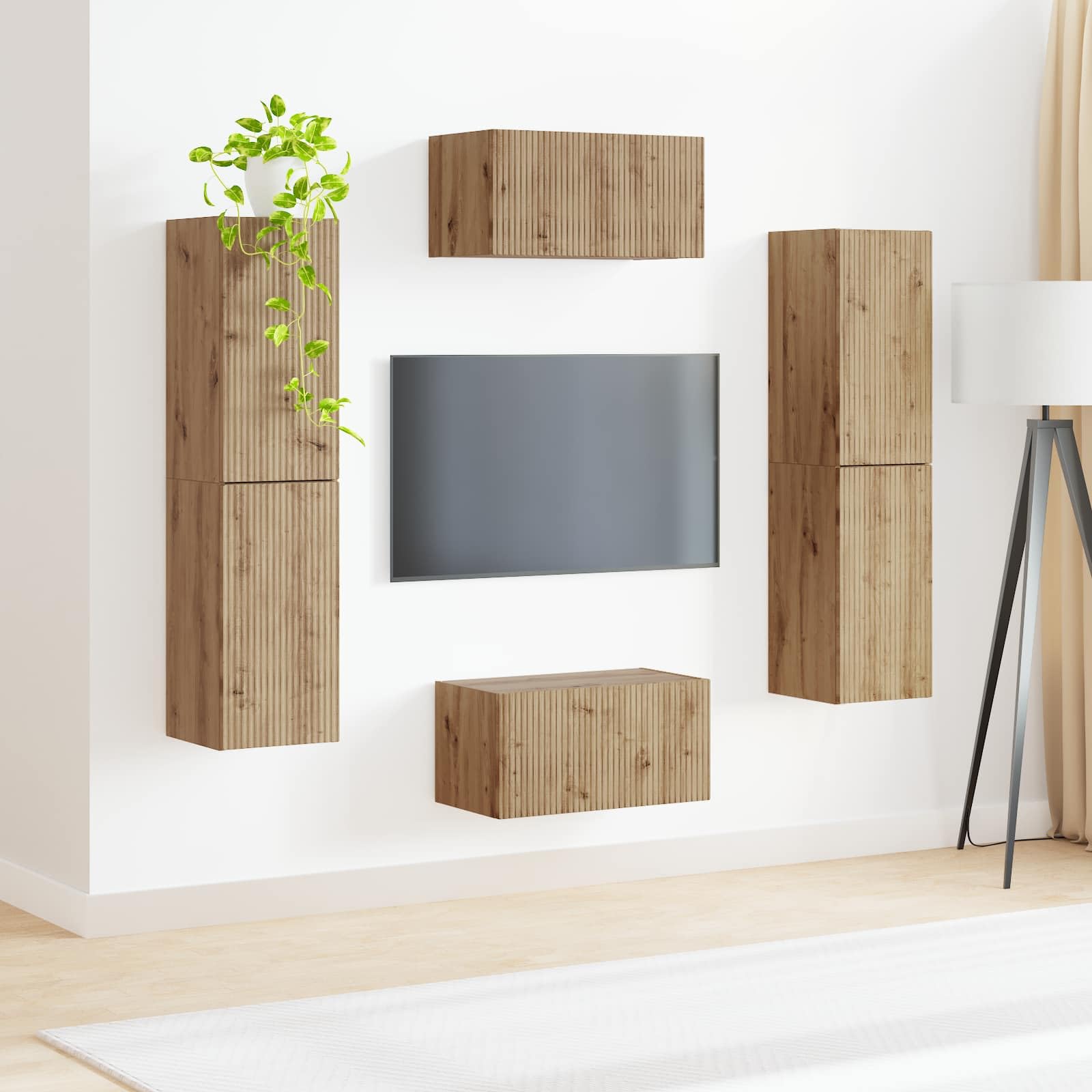 Mobile basso per TV, moderna credenza con illuminazione a LED, rovere Artisan, 30 x 31 x 60 cm, robusta, con ante scorrevoli, per soggiorno, ufficio e camera da letto