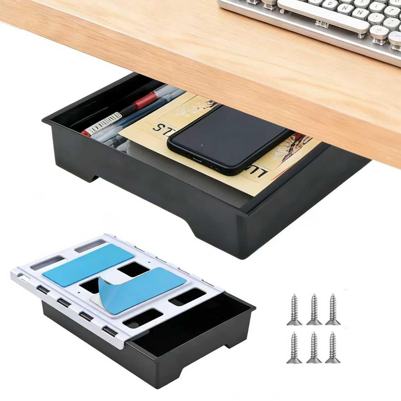 Hi-ERA 10.91"x 8.23" Under Desk Drawer Storage Organizer, Durable PC Material Self-Adhesive with Slide Out Rail, Hidden Hanging Desk Drawer for Office Supplies, Stationery, No Drilling Install, Black