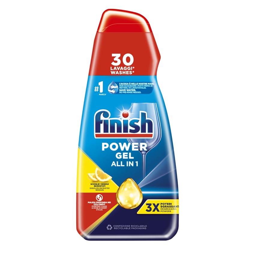 Finish Power gel, detersivo liquido per piatti, multiazione, sgrassante, limone, confezione da 30 lavaggi - 600 g (confezione da 1)