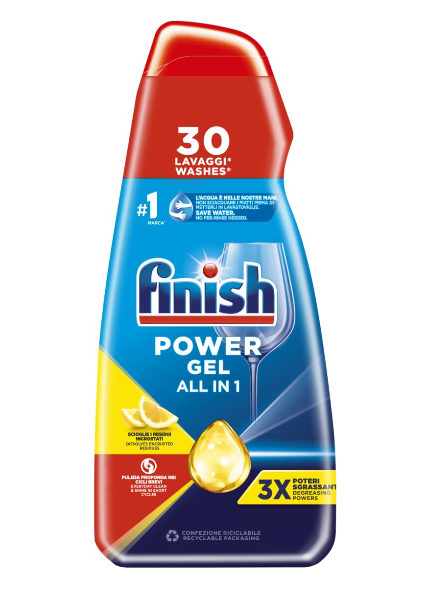 Finish Powergel, Gel Detersivo Per Lavastoviglie Liquido, Multiazione, Poteri Sgrassanti, Limone, Confezione Da 30 Lavaggi - 700