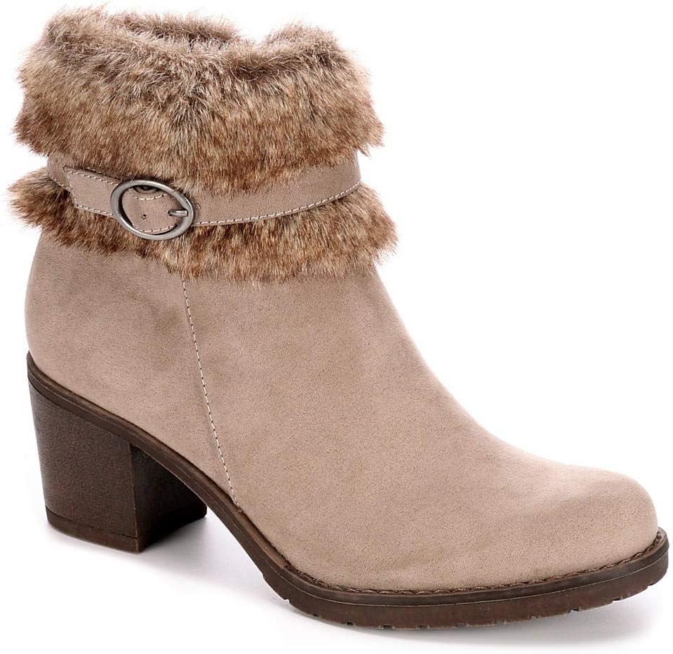 XAPPEAL Womens Bunny Faux Fur Heeled Ankle Boot Shoes, Taupe, US 10