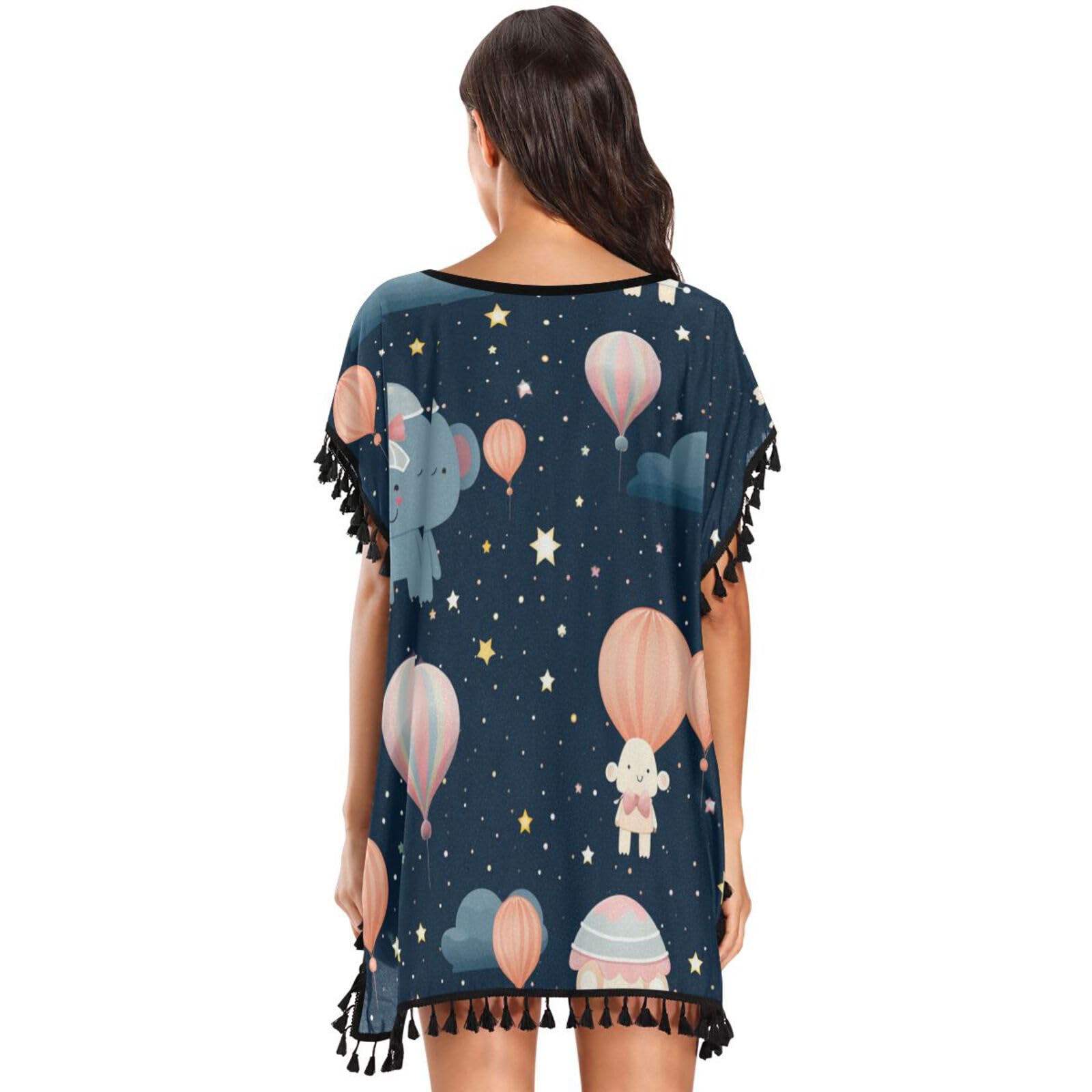 KAAVIYO Space Cute Blue Elephant Women's Beach Cover Up Chiffon Tassel Swimwear Swimsuit Coverups for Girl