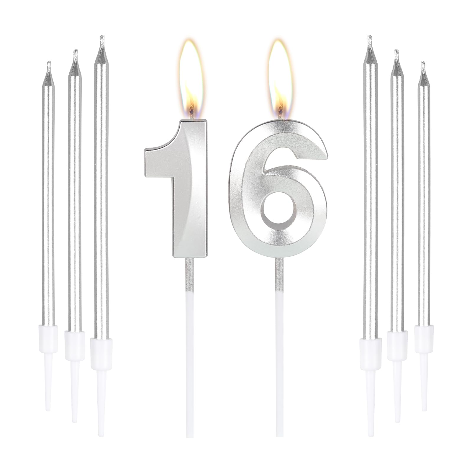 mciskin Silver 16 Birthday Candles-3D Number 16 Candle for Cake with 6pcs Long/Thin Candles Set,Silver Cake Topper for Girl Boy 16th Birthday Decorations Supplies16th Wedding Anniversary Decorations