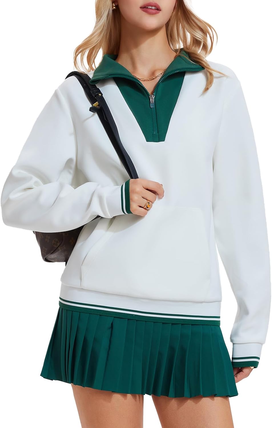 Airfree Women Two Piece Tennis Skirt Set Golf Outfits Half Zip Oversize Pullover Sweatshirt 2 Piece Skirt Sets with Pockets