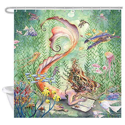 mar Submarino océano - Cortina de Ducha, Animales Sirena - Cortina de Baño de Poliéster Impermeable Antimoho Lavable Cortina Ducha con 12 Ganchos - 182X182CM Cover