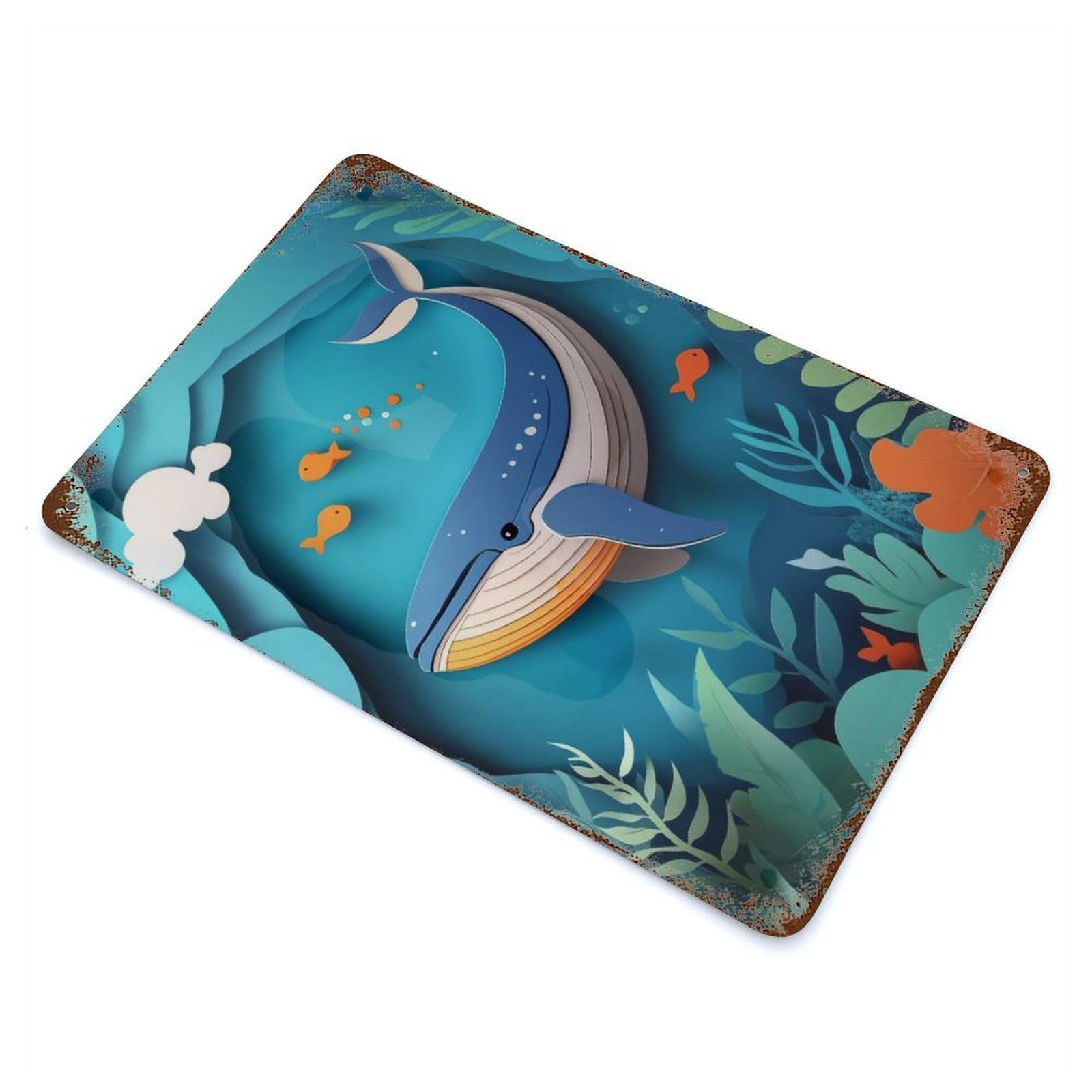 Papercraft Whale 11.8"x7.9" Rustic Tin Plaque, Novelty Wall Decor for Living Room, Hallway And Home Decor