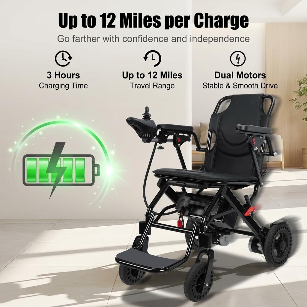 Sedia a rotelle elettrica pieghevole per la mobilità degli anziani, sedia elettrica da viaggio approvata dalle compagnie aeree con doppio motore da 500 W, portata 12 miglia, telaio leggero 22 kg