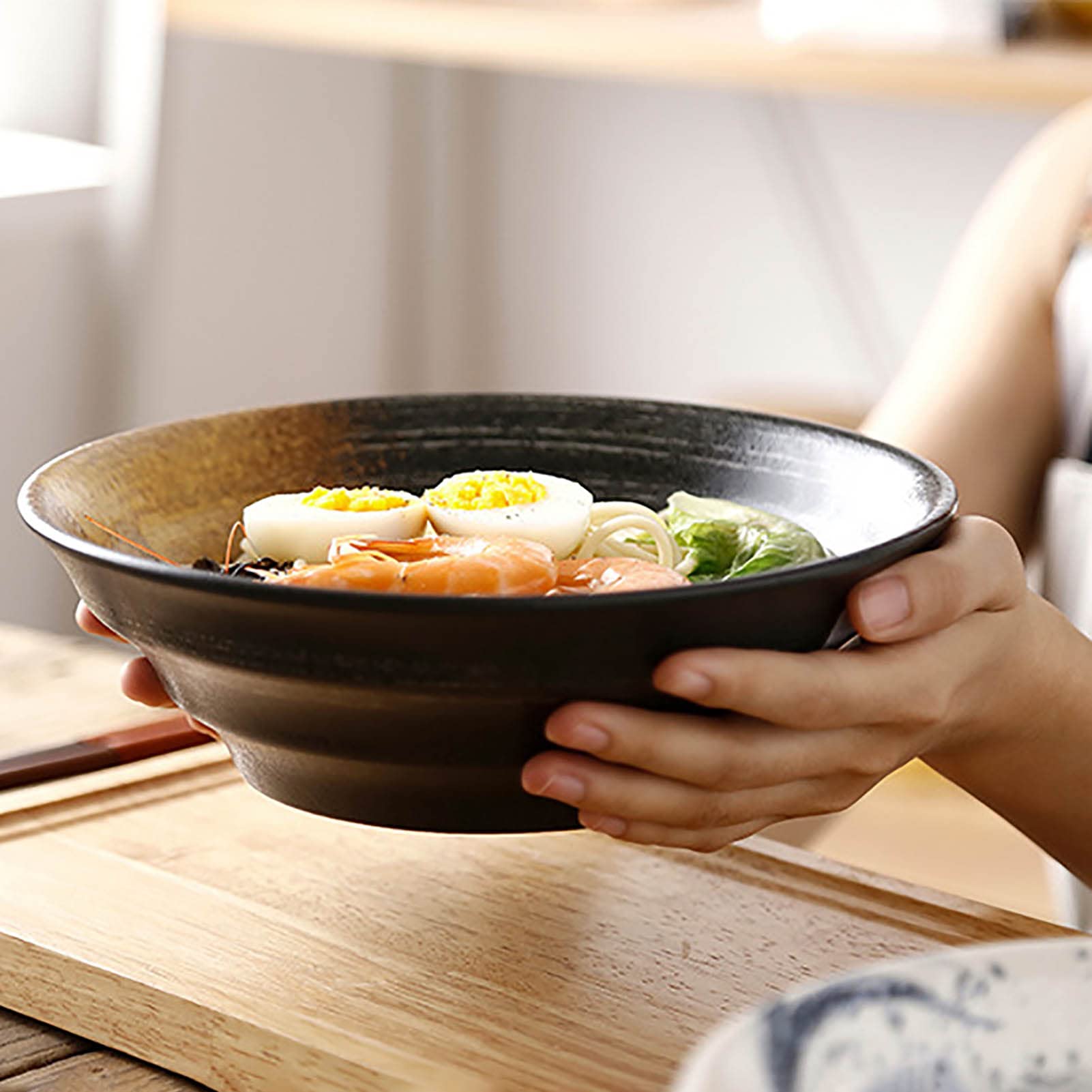 2 * 1100ml Sopa de ramen de ramen, sopa Ramen Fideos de fideos Fruta Ensalada Pasta Mezcla Sirviendo Cuenco Creativo Pintado a mano En relieve Cerámica
