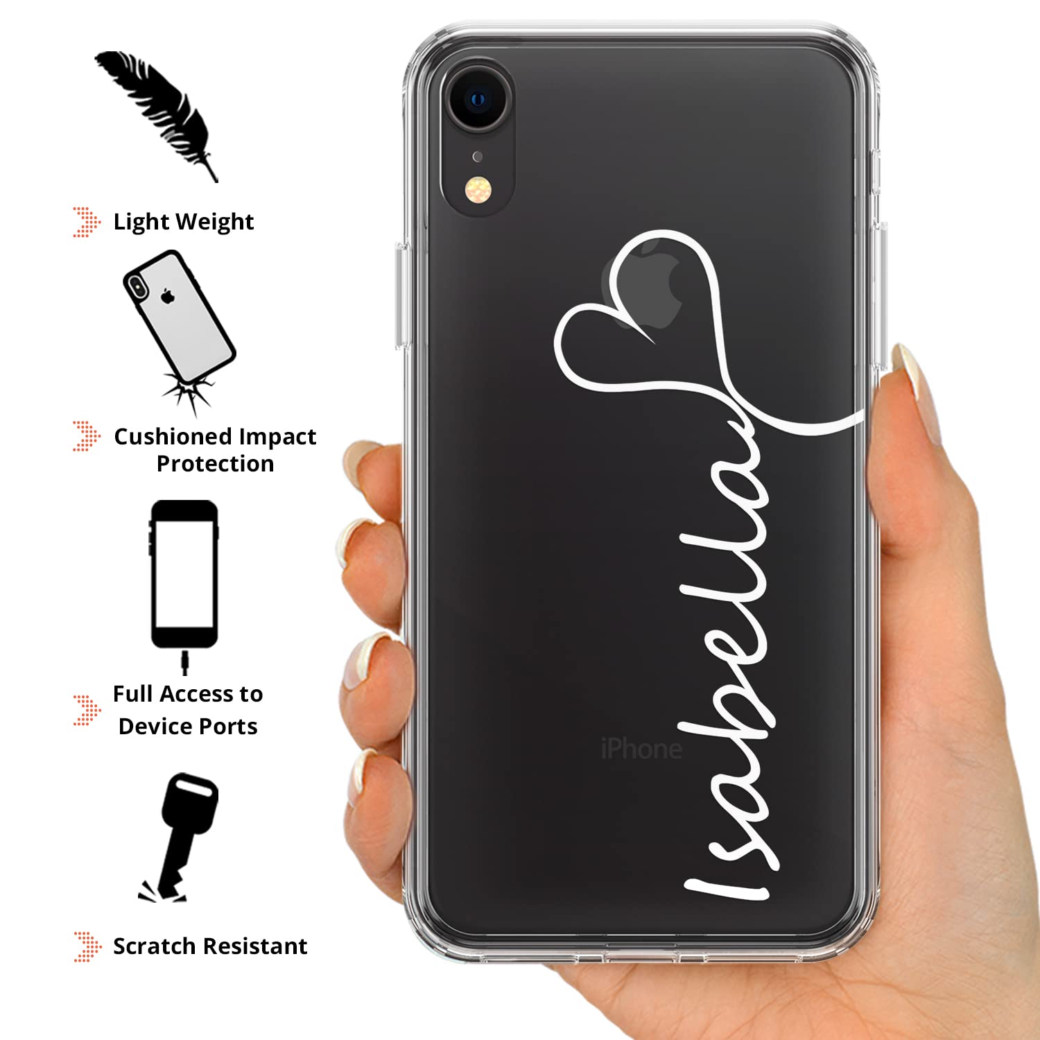 TULLUN Custodia per iPhone 14 Pro Max personalizzata con nome e cuore, trasparente, ibrida, antiurto, in poliuretano termoplastico, cover rigida con nome e cuore neri