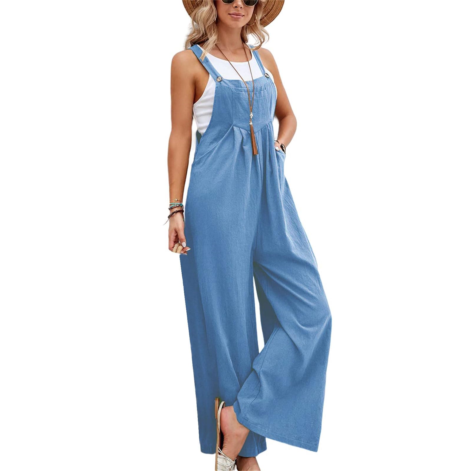 Kubbon Womens Wide Leg Jumpsuits Sleeveless Straps Bib Overalls Summer Baggy Casual Pants Rompers Overalls with Pockets