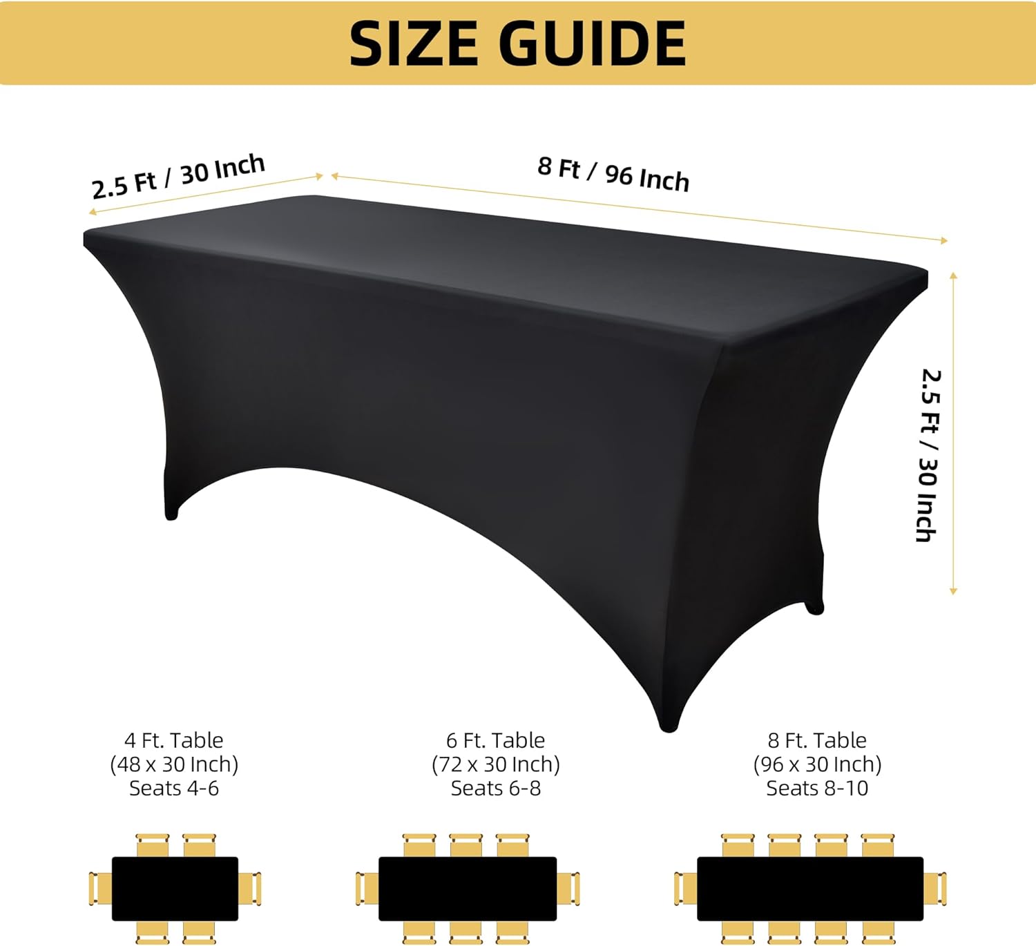 6-Pack 8ft Black Spandex Table Covers for Rectangle Folding Tables - Washable Elastic Tablecloth - Ultimate Fitted Table Protector for Birthday Parties, Trade Shows, Banquet