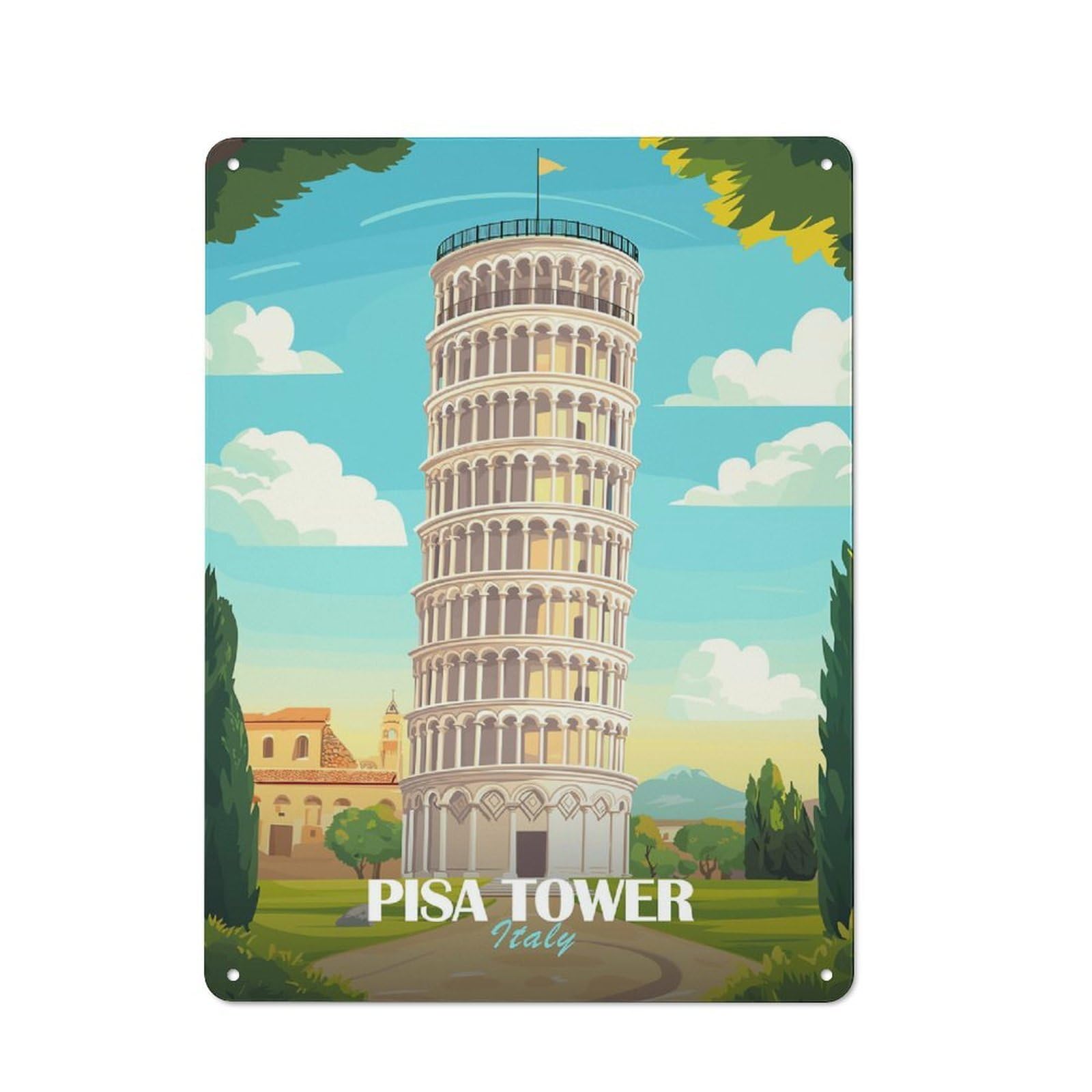 Junmoney Style-19 Metal Wall Plaque With Leaning Tower Of Pisa Illustration Design 40X30cm, Retro Room Wall Plaque For Home, Shop, Pub Or Studio Wall