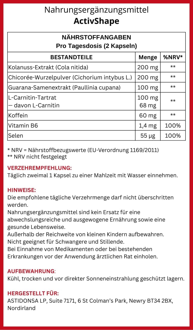 ActivShape 60 gélules – Complément alimentaire avec kola, guarana, chicorée, L-carnitine, caféine, vitamine B6 et sélénium (1)