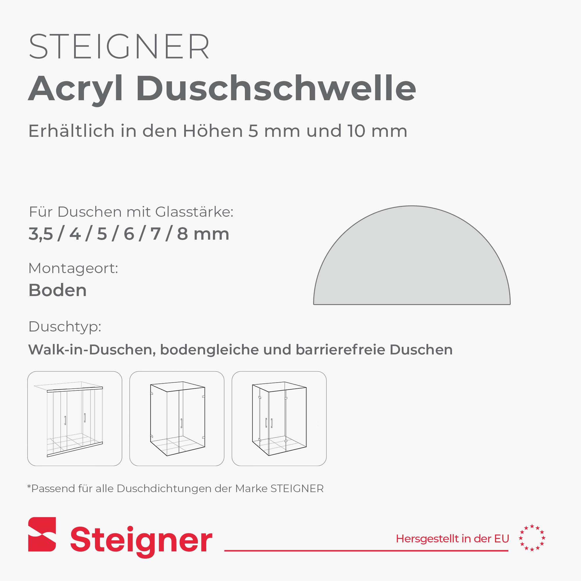 STEIGNER Acryl Halbrundstab selbstklebend 5mm 80 cm – Schwallschutzleiste | Wasserabweiser, Schwallschutzprofil transparent, für Duschkabinen, Glasduschen und bodengleiche Walk-In Duschen