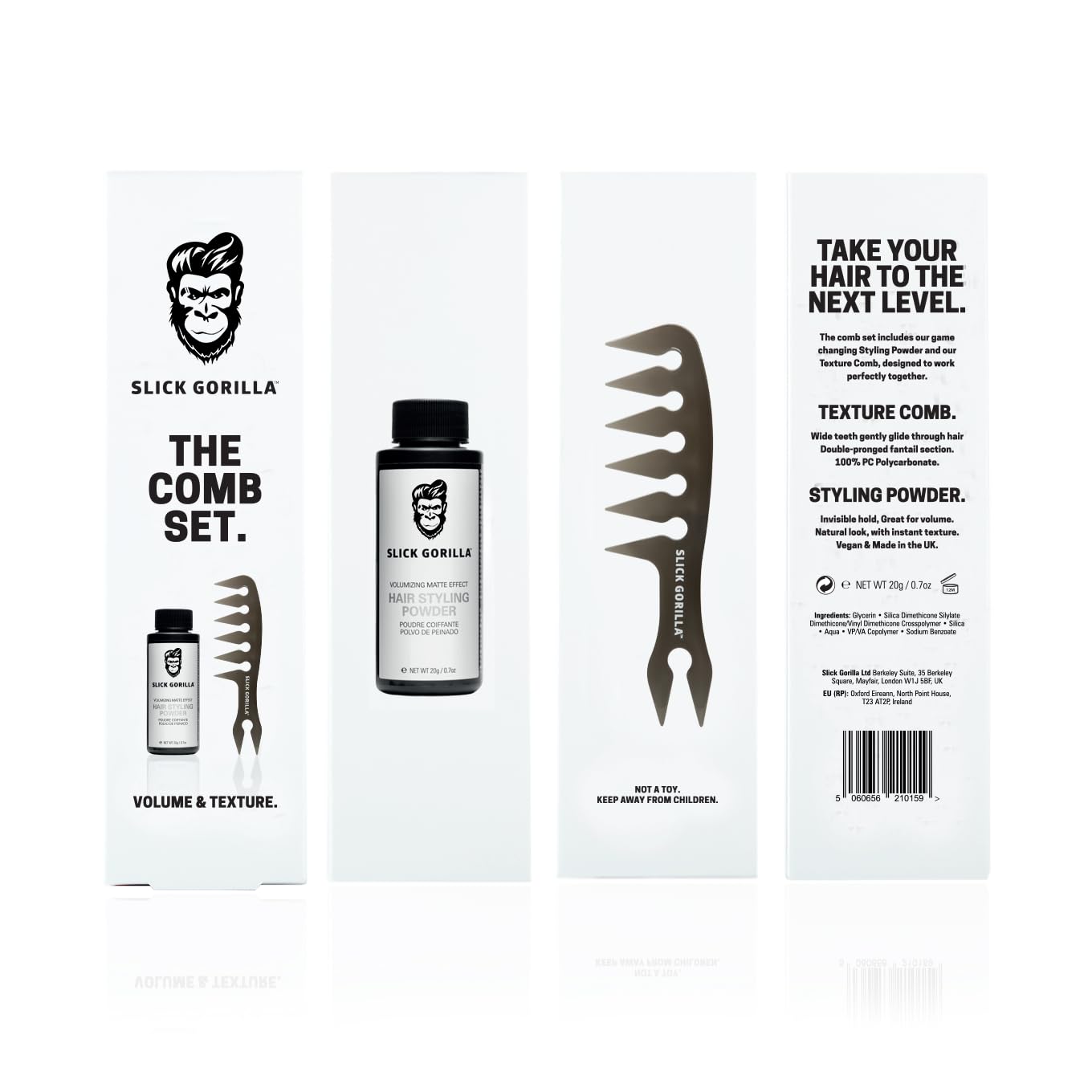 Slick Gorilla Polvere Texturizzante + Pettine a Denti Larghi per Uomo | Finitura opaca | Aggiunge volume e spessore | Tenuta naturale forte | Set styling non grasso per un uso quotidiano facile