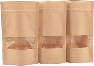 Dproptel 50 Pack Reusable Ziplock Grip Standable Seal Bags Waterproof Brown Kraft Paper Stand Up Pouch with Transparent Window Food Storage Pouches Packing Bag (9X14CM)